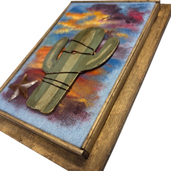 Mixed Media Wall Art Saguaro Cactus Scene Sunset Stars Desert Southwest 6 x 8 - Picture 3 of 5
